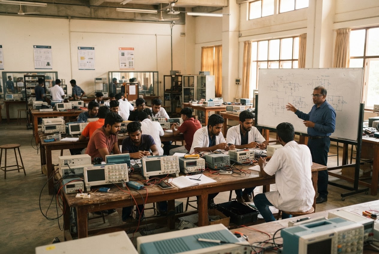 An electrical and electronic engineering laboratory session in progress at BIET